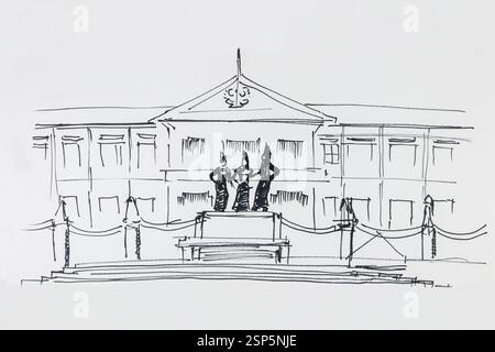 Three Kings Monument Zeichnung Malerei Illustration auf weißem Papier Hintergrund, Wahrzeichen in Chaingmai Thailand Tourismusstandort Geschichte alt. Stockfoto