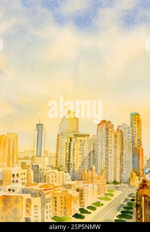 Gemälde sind Wahrzeichen der höchsten Gebäude, wunderschöne Wolkenkratzer-Szene in Dubai. Vereinigte Arabische Emirate. Aquarellmalerei Illustration berühmt Stockfoto