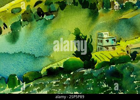 Abstrakte Aquarellmalerei Landschaft auf Papier bunt von Dorfblick auf Hügel Berg in der Schönheit Wintersaison, wildes Leben im Morgen Himmel Backgro Stockfoto