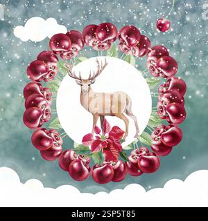 Aquarellmalerei Frohe Weihnachtskranz mit hellroter Kirsche und Hirsch Platz für Textabbildung für Grußkarten und Einladungskarte, Poster Stockfoto