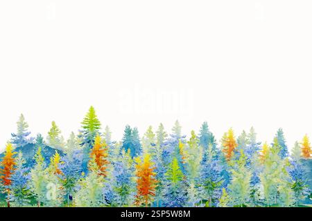 Aquarellmalerei, isolierter Waldhintergrund, blaugrün mit gelben, Winter- oder Frühlingswäldern, Naturlandschaft mit immergrünen Nadelbäumen Stockfoto