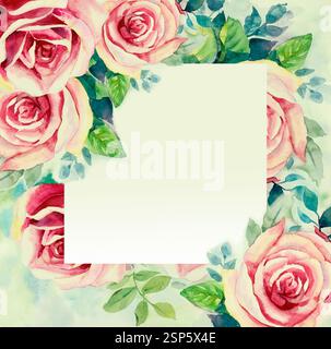 Aquarellmalerei Frühling Vintage florale rot rosa Farbe der Rosen Blumen Blumenstrauß mit Feiertagsschönheit Natur und blauem Himmel Hintergrund. Handgefertigte Illustration Stockfoto