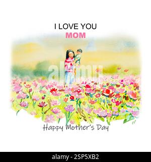 Glücklicher Muttertag. Grußkarte mit Frauen und Kindern. Malerei Aquarellblume rosa, rot, gelb, orange Farben von Gänseblümchen Blumen und Mutter, Sohn auf Stockfoto