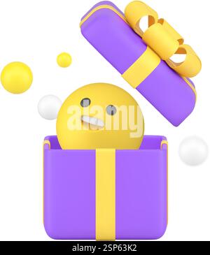 Comic-Geschenk offene festliche Geschenkbox mit Smiley Emoji 3D Icon realistische Vektor-Illustration. Lustiges Emoticon im verpackten Paket mit Schleife Geburtstagsjubiläum Stock Vektor