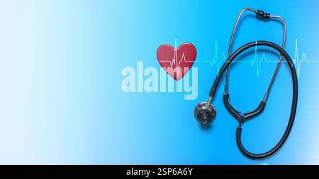 Neben einem roten Herzsymbol steht ein Stethoskop, das den Zusammenhang zwischen Medizin und Gesundheit in einem hellblauen Setting veranschaulicht. Stockfoto