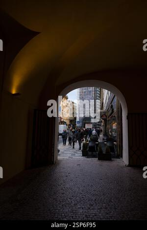 Prag, Tschechische Republik - 11. Oktober 2024: Gotisches Stadtbild umrahmt von einem alten Bogengang Stockfoto