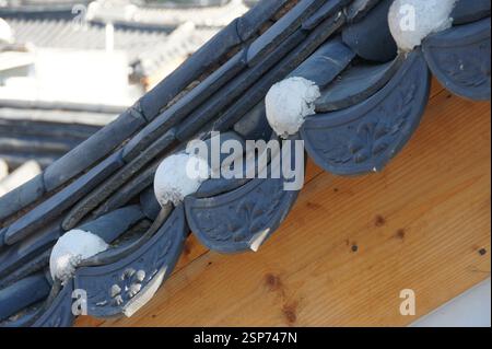 Dachfliesen, gemusterte, geschwungene Fliesen mit weißen Akzenten. Traditionelles koreanisches architektonisches Element, Symbol des Erbes und der Widerstandsfähigkeit in Süd-Ko Stockfoto
