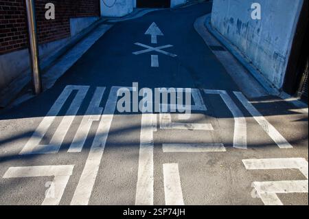 Straße. Weißer Pfeil, der nach vorne zeigt, mit einem Fußgängersymbol. Koreanischer Text. „Vorsicht“ auf Koreanisch. Das Foto symbolisiert eine Fußgängerüberquerung Stockfoto