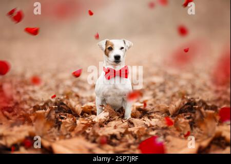 Porträt von Jack Russel mit roter Fliege zum Valentinstag. Stockfoto