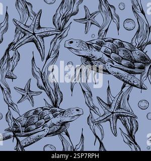 Unterwasserwelt Clipart mit Meerestieren Wal, Schildkröte, Kraken, Seestern, Seesternen, Muscheln, Korallen und Algen. Handgezeichnete grafische Abbildung Stock Vektor