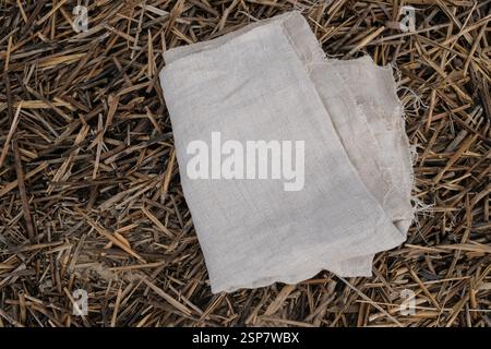 Gefaltetes Hanfmaterial. Texturen von Tuch und trockenen Schilfstämmen. Ökologisches Konzept. Nachhaltiger Lebensstil. Stockfoto