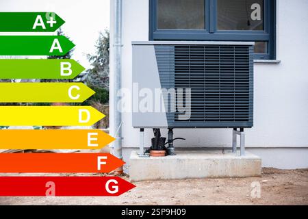 Wärmepumpe an einem Einfamilienhaus Neubau, Grafiken mit Energieeffizienzklassen nach dem GEG in Düsseldorf, Deutschland *** Wärmepumpe auf einer neuen Einzelpumpe Stockfoto