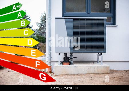 Wärmepumpe an einem Einfamilienhaus Neubau, Grafiken mit Energieeffizienzklassen nach dem GEG in Düsseldorf, Deutschland *** Wärmepumpe auf einer neuen Einzelpumpe Stockfoto