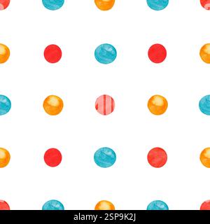 Abstrakte Kreise in einem mehrfarbigen, nahtlosen Aquarellmuster, handbemalt mit einem Pinsel, erzeugen einen strukturierten Punkteeffekt. Dieses Design wurde zum Verkauf verwendet Stockfoto