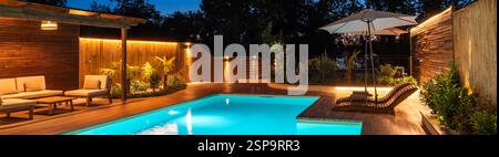 Ruhiger Hinterhofpool mit Loungebereich und sanfter Abendbeleuchtung Stockfoto