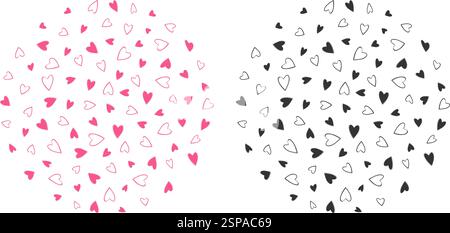 Kontur und gefüllte Herzen rosa und schwarz kreisförmige monochrome Hintergründe St. Valentinstag Gruß. Isolierte Vektor-Illustration Thematische Karten, Gruß, Preisschild, Etikett oder Web-Promo-Banner, Broschüre Stock Vektor