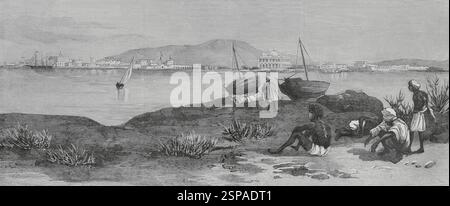 Massawa. Allgemeiner Blick auf die Hafenstadt am Ufer des Roten Meeres. Im 19. Jahrhundert wurde es von den Ägyptern mit Zustimmung der Osmanen regiert. 1885 ging es als Teil der Kolonie Eritrea an die italienische Herrschaft über. Gravur. Die spanische und amerikanische Illustration (La Ilustración Española y Americana), 1884. Stockfoto