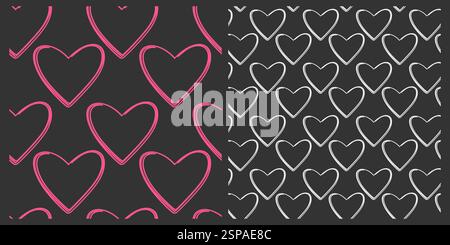 Umrisse handgezeichnete Kreideherzen rosa und weiße nahtlose Muster auf dunklen Hintergründen Tapeten Set 2. Isolierte Vektor-Illustration Thematische Karten, Verpackung, Etiketten oder Web-Werbebanner, Broschüren, Druck Stock Vektor