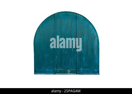 Breite, runde Holztüren in blau-grüner Farbe mit Bogendach, schwarzem Griff und Schloss, mit zentraler Öffnung, während die Seitenteile fest sitzen Stockfoto