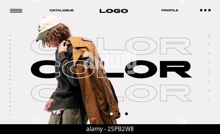 Minimalistisches Weblayout. Mann in übergroßem braunem Trenchcoat, grünem Pullover, Mütze, vor monochromem Hintergrund mit interaktiven Menüelementen und Stockfoto