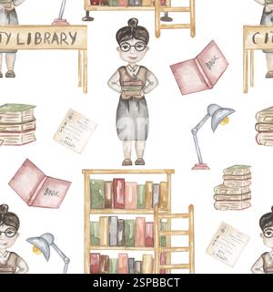 Aquarellbibliothek mit Büchern Illustration nahtloses Muster, Bücherregale, Buch, Tisch, Lampe Wiederholungspapier, Scrapbooking Stockfoto