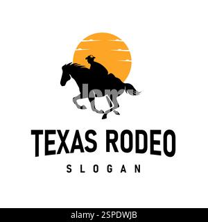 Dieses Logo zeigt die Silhouette eines Mannes auf einem Pferd im Licht der untergehenden Sonne und des Mondes und verleiht ihm ein elegantes und Cowboy-Feeling, perfekt für We Stock Vektor