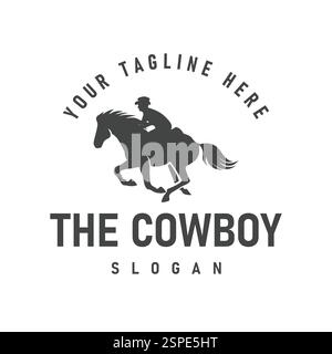 Dieses Logo im Retro-Stil im Vintage-Retro-Stil zeigt eine Cowboy-Pferd-Silhouette mit schlichter Illustration, perfekt für Ranch, Cowboy-Design und Country West Fee Stock Vektor
