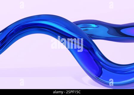 Ein minimalistisches abstraktes Design mit dynamischen blauen Wellenformen vor einem sanften lila Hintergrund, das Modernität, Kreativität und Innovation repräsentiert. Stockfoto