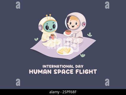 Internationaler Tag der menschlichen Flucht zum Mond. Außerirdischer und Austronaut, Postkartenbanner-Poster. Stock Vektor