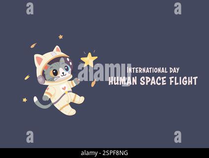 Internationaler Tag der menschlichen Flucht zum Mond. Katze, Postkartenbanner Poster. Stock Vektor