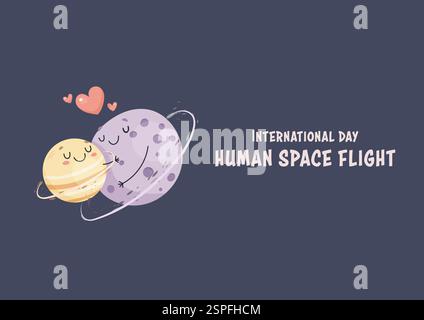Internationaler Tag der menschlichen Flucht zum Mond. Umarmen Planeten, Postkartenbanner Poster . Stock Vektor