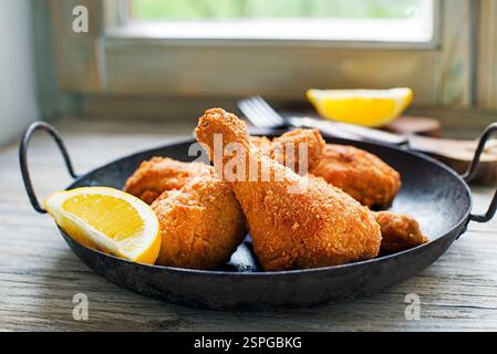 Gebratene knusprige Hähnchenschenkel, Trommelstock in einer Pfanne Nahaufnahme. Knuspriger, goldbraun gebratener Hähnchenkegel Stockfoto