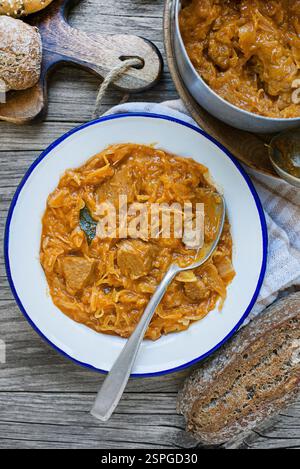 Szegedin Goulash mit Kohl und Fleisch. Traditioneller slowenischer Kohl-Eintopf mit Rindfleisch- und Schweinegulasch Stockfoto