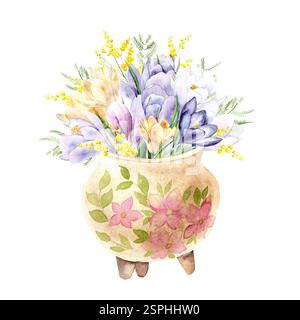 Botanisches Aquarellillustrationsstrauß von Frühlingsblumen von Krokussen und Mimosa im Blumentopf. Aquarellabbildung auf weißem Hintergrund. Handgezeichnete Blumen, geeignet für Frühlings- und Ostermotive in zarten Pastellfarben Stockfoto
