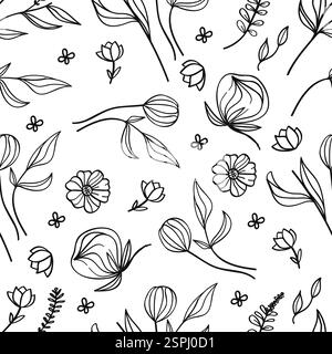 Nahtloses Muster mit handgezeichneten botanischen Blumen und Blättern auf weißem Hintergrund, perfekt für Vintage- und Naturmotive. Stock Vektor