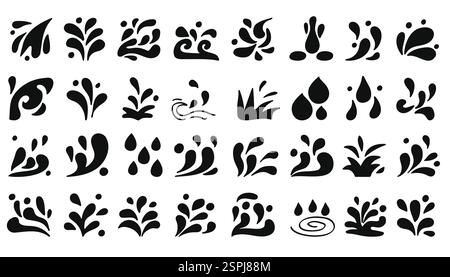 Eine Sammlung von Symbolen mit schwarzem Wasser im Glyphen-Stil. Perfekt für die Darstellung von Wasser, Flüssigkeit, Wellen und dynamischem Fluss in Logos, Branding und Diagrammen Stock Vektor