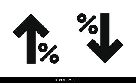 Prozentpfeil nach oben und unten, Glyphensymbol mit Prozentzeichen. Steht für Finanzwachstum, Rückgang, Zinssätze, Banken, Kredite, Investitionen und econ Stock Vektor