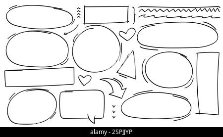 Handgezeichnete Kollektion aus Pfeilen, Kreisen und Formen im Doodle-Stil. Vektorabbildung. Stock Vektor