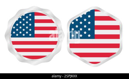 USA Flaggenabzeichen Vektor in verschiedenen Formen, perfekt für Embleme, Banner, Ikonen und Weihnachtsdesigns. Skalierbares EPS-Format. Stock Vektor