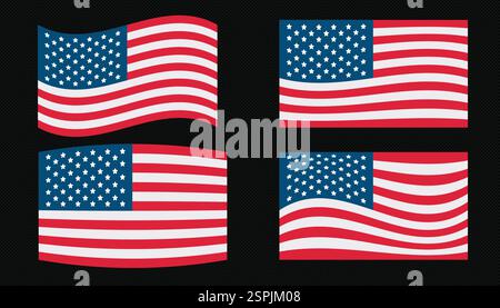 Eine Sammlung von Vektorillustrationen der USA-Flagge mit verschiedenen Stilen, einschließlich wellenförmiger und flacher Designs. Perfekt für patriotische Themen, Independenc Stock Vektor