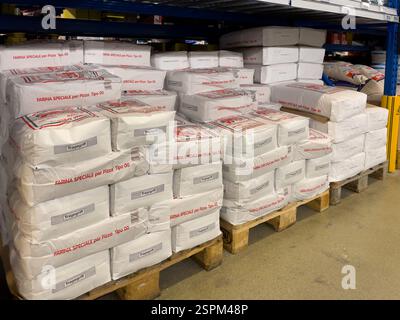 Auf mehreren Paletten befinden sich zahlreiche Säcke mit „Farina Speciale per Pizza Tipo 00“ Mehl. Die Beutel werden auf Holzpaletten gestapelt, organisiert und gelagert Stockfoto