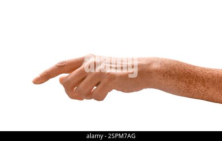 Weibliche Hand mit verlängertem Zeigefinger, der auf Weiss zeigt oder drückt, isolierter Ausschnitt Stockfoto