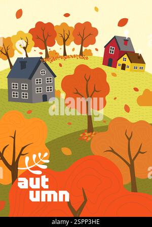 Herbstliche Landschaft mit goldenem Laub, sanften Hügeln und friedlichem Dorf. Warmes Sonnenlicht hebt bunte fallende Blätter hervor. Zeichendruck mit saisonalen, naturbelassenen und ländlichen Themen. Stock Vektor