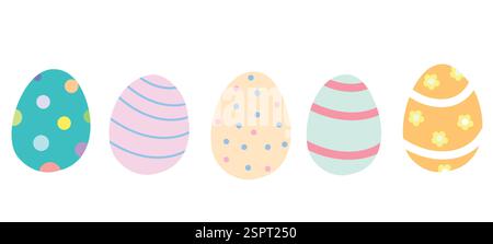 Ein Set von fünf bunt dekorierten Ostereiern auf weißem Hintergrund. Ideal für Weihnachtsmotive, Banner und Grußkarten. Stock Vektor