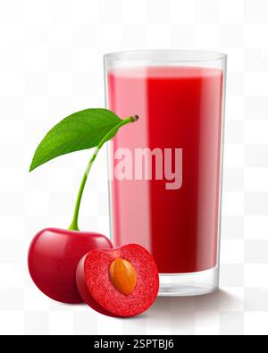 Ein Glas frischen Kirschsaft oder Smoothie. Tasse Cocktail oder Kompott mit Reifen süßen Kirschbeeren, isoliert auf transparentem Hintergrund. Realistisch 3D Stock Vektor
