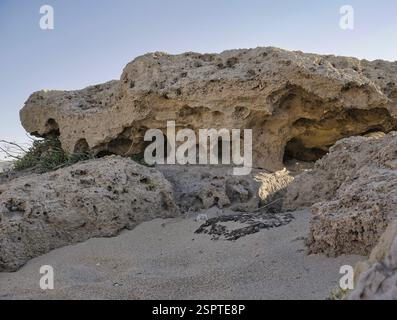 Nahaufnahme von Kalksteinfelsen an einem Sandstrand Stockfoto