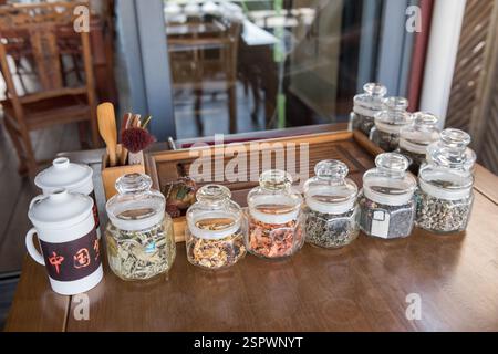 Sammlung von Tees in Gläsern für traditionelle chinesische Teezeremonie im historischen Yuyuan Basar District. Stockfoto
