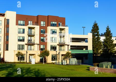 Modernes mehrstöckiges Apartmentgebäude mit beigefarbenem und braunem Äußeren, Balkonen, neben einem Parkhaus und gepflegtem Rasen im Vordergrund. Stockfoto