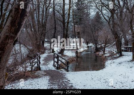 Öffentlicher Park im Winter im Dorf Ljubno ob Savinji in Slowenien, Weg mit Brücken über kleinen Fluss mit Schnee und vielen Bäumen Stockfoto