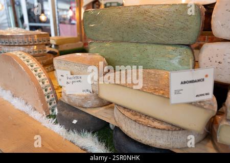 Köstliche Auswahl an handwerklich hergestellten Käsesorten an einem lebhaften Marktstand im Herbst Stockfoto